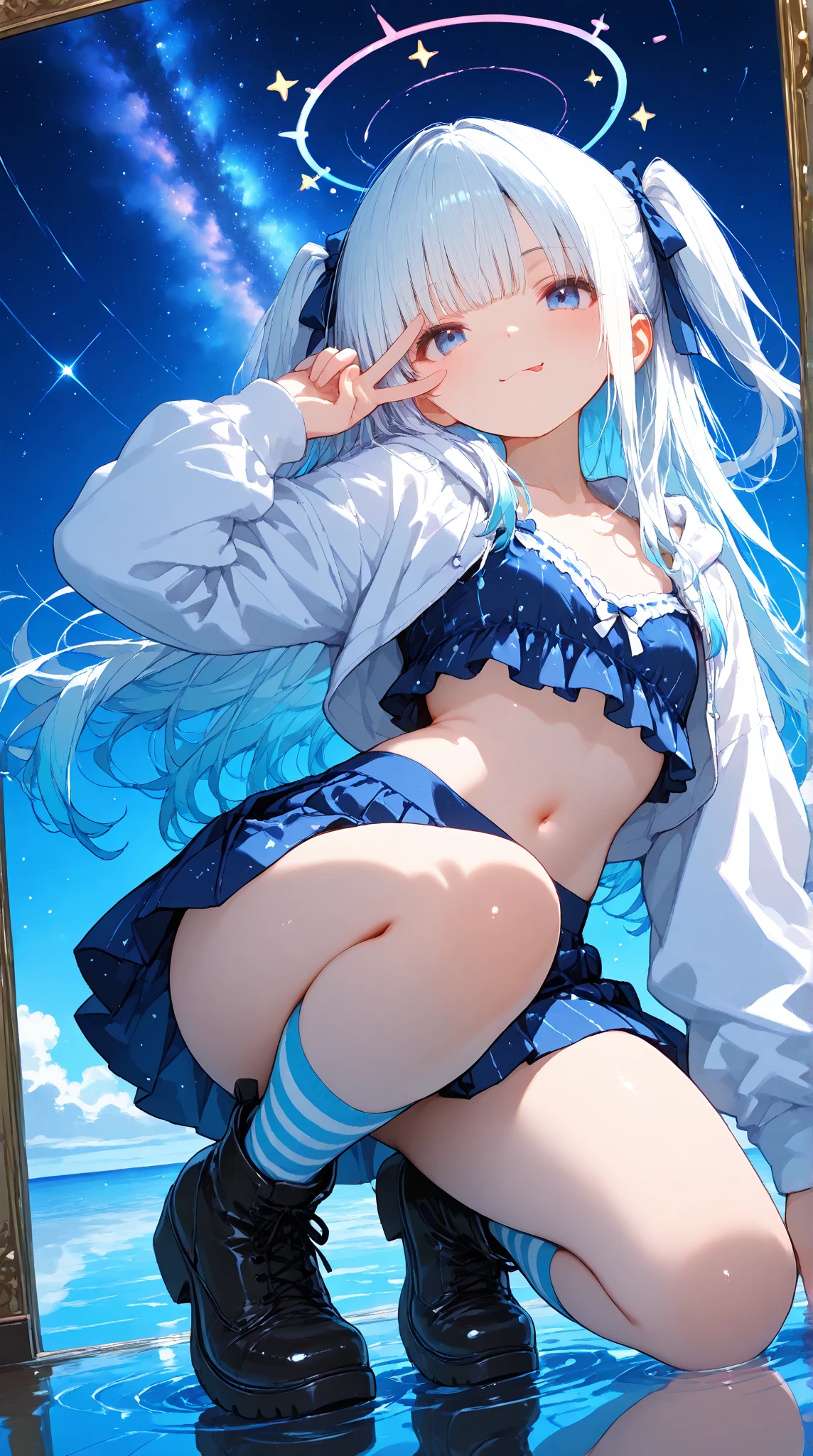 (Super detailed、Ultra-high resolution、Detailed Background)、((Flat Color))、((colorful))、((浮かぶcolorfulな水))、One female secretary in the office、body paint、Pop tattoo on the butt、Big Breasts、Sexy Random Pose、Low angle from behind、Beautiful ass、Buttocks up、
(Medium Hair、Silver Hair、hair ornaments)、Beautiful blue eyes、Beautiful red lip、(blouse、Micro Mini Skirt、choker、Knee-high stockings、garter belt)、TWICE's Tzuyu' on pause、(fun、smile、A rich expression)