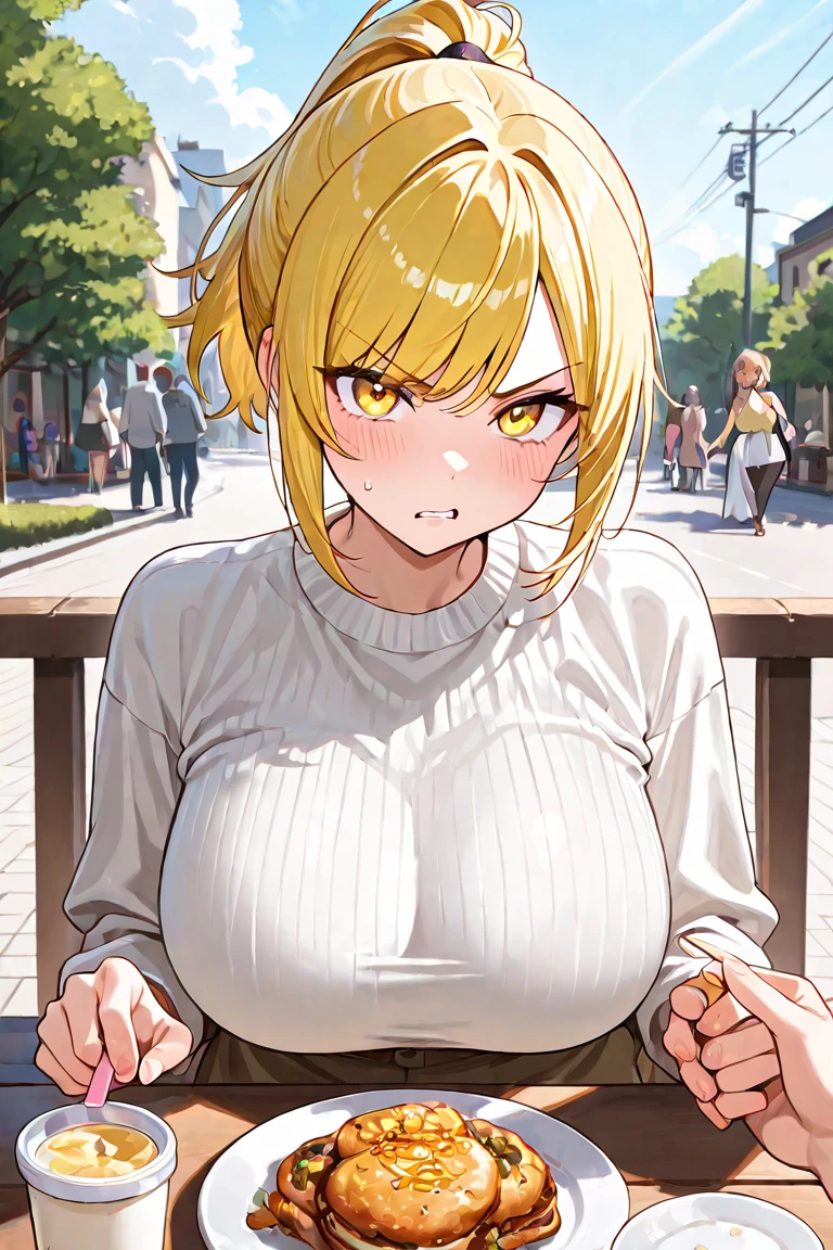 Yellow hair color,short hair,light brown eyes,chubbily ,huge breasts,whipped thighs,Yellow shirt,cat mouth,smile,Open mouth,open eye,double tooth,Taken from the viewpoint above, looking at viewer,upturned eyes,Street Background,SFW,perfect,high quality,faultless,