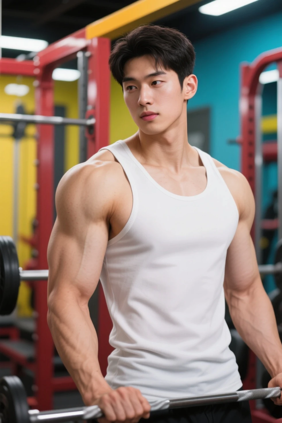 Best quality, super high resolution, (realistic: 1.4), bust photo, gym, 1 asian boy, standing, gym clothes, short hair, upper body naked, muscles, shorts, yang yang, (looking at the audience), (close-up)