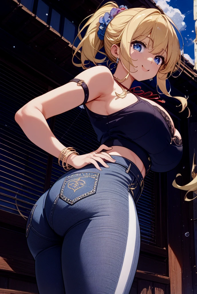 ((Best Quality)), ((masterpiece)), (Very detailed), 1 girl,blue jeans, yellow strappy blouse, massaging her buttocks, big breasts, neckline,((Whole body)),((view from behind)),((view from below))