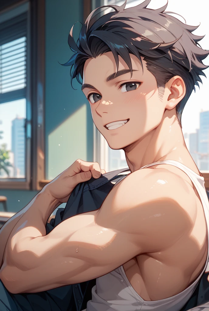 Holding a mobile phone,Topless anime boy, muscular!!, super awesome and cool, muscular!, gigachad muscular, Cool anime poses, muscular!!!, Showing off his muscles, muscular的姿势, muscular build, a muscular, muscular character, muscular body, Tall anime man with blue eyes, Handsome cartoon male muscle, Perfect body