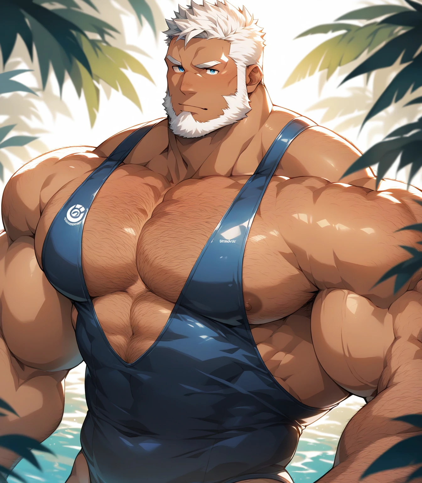 huge muscular old man soaking in an onsen, white and short hair, white beard, old, old man, grandpa, half submerged, (huge muscular), (yakuza tattoo:1.2), detailed muscles, 8k, masterpiece:1.2, hyperrealistic, white fundoshi, highly detailed full body, really big muscle, massive muscle, thick arms, wide pectoral, submerged, floating steam, over sized muscle, huge arms, big arms, huge pectoral, bulge, , rich colors, serene atmosphere, traditional Japanese setting, wooden hot spring, soft ambient lighting, wrinkled skin, happy expression, reflective water, peaceful relaxation