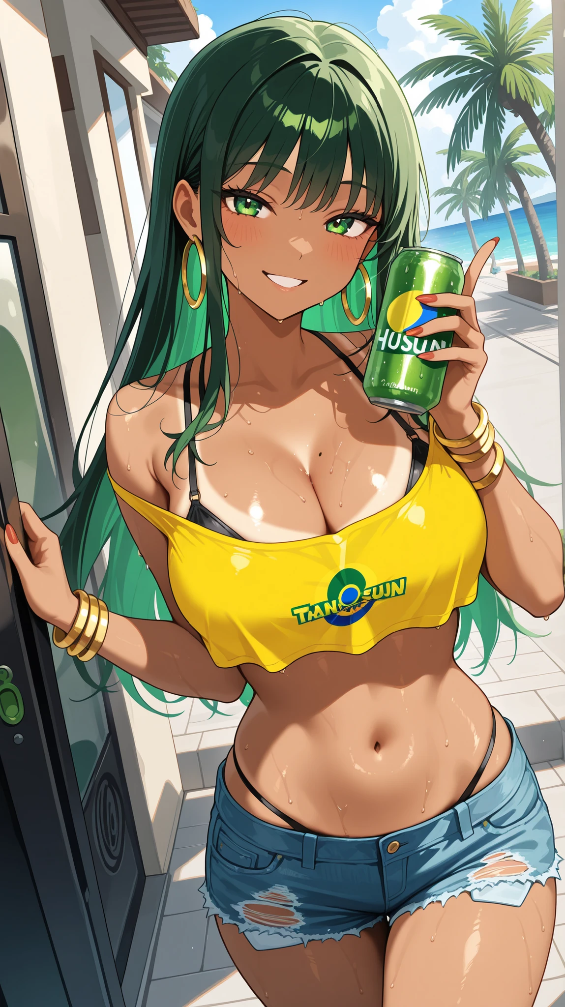 High resolution, high quality, 1 girl, anime girl, brown long hair, brown eyes,heart-shaped pupil, Green glasses, tanned skin, big breasts,beautiful breasts, (big ass),beautiful butt,白いスクールwater着,squat,(drink a lot of juice),(inflate one's stomach),(put your hand on your crotch),(lemonade),(lemon juice),(orange juice),(mango juice),(Binapple juice),(water),at the cafe,