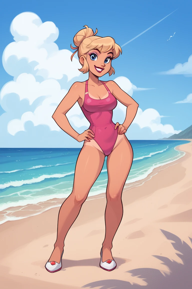 score_9, score_8_up, score_7_up, score_6_up, score_5_up, score_4_up, (Source furry), (rating nsfw), 1girl solo, outdoors, beachfront, looking at viewer, glasses, callie briggs, detailed, front view, standing, wiggling her hips, full view, legs, purple heels, hula dance, thicc, grass hula skirt, beach, blonde hair, dancing, sexy, head turned to viewer, vagina, panties fallen down, white bra