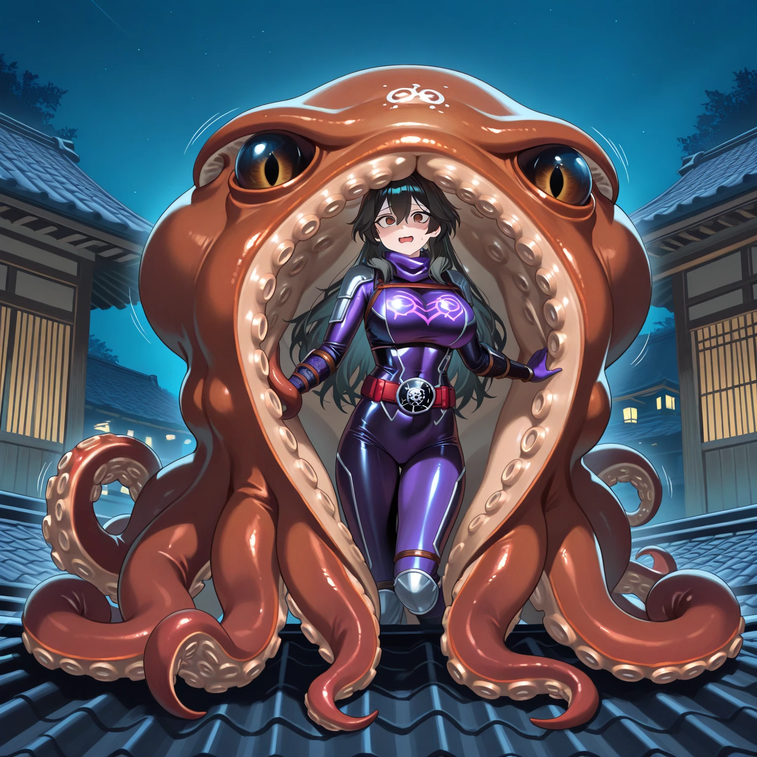 Chunli, ninomae hair, ninomae tentacles, gigantic muscular body, huge breasts, 4 arms, full body.