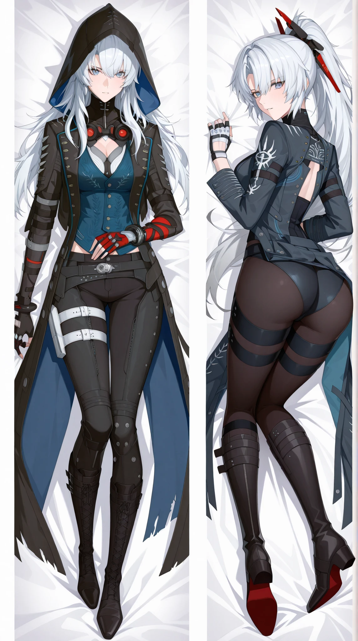 (pretty girl:1.3), 1 girl, (long hair, white hair with a red gradient, bangs, eye hair), lucia (punishing: gray raven), 
( Clothes: vergil Devil may cry 5, black raincoat with pale blue embroidery, yellow lining, tattered edges of the raincoat, black pants, dark turtleneck , dark blue vest , black fingerless gloves,  knee length leather boots ), 
(fully dressed,  Clothes не повреждена), Highest quality, 
 rich contrast , 8K,  highly detailed, (depth of field:1.2), Very detailed, 
lies on the bed, full body, ass, dakimakura