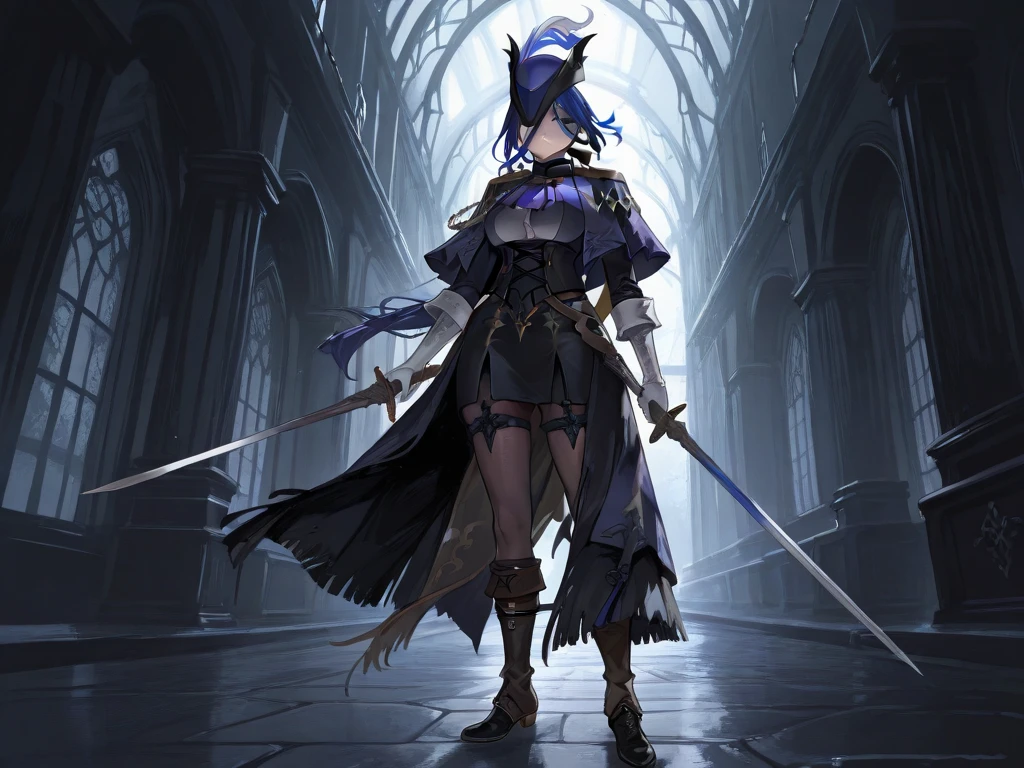 Woman, mage, short dark blue hair with, badass magician clothes, arcanist, mage black hat, sword, midnight blue hot dress, green eyes
