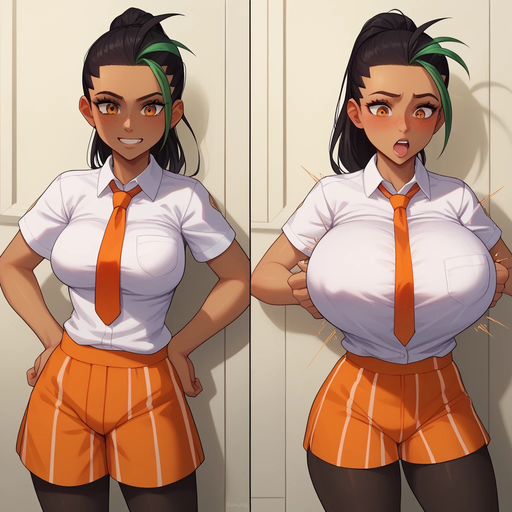 masterpiece, best quality, nemona, 1girl, dark skinned female, tan skin, orange necktie, , busty, orange shorts, midriff, looking at viewer, white button down shirt, short sleeves, smile,hands in pockets, breast expansion