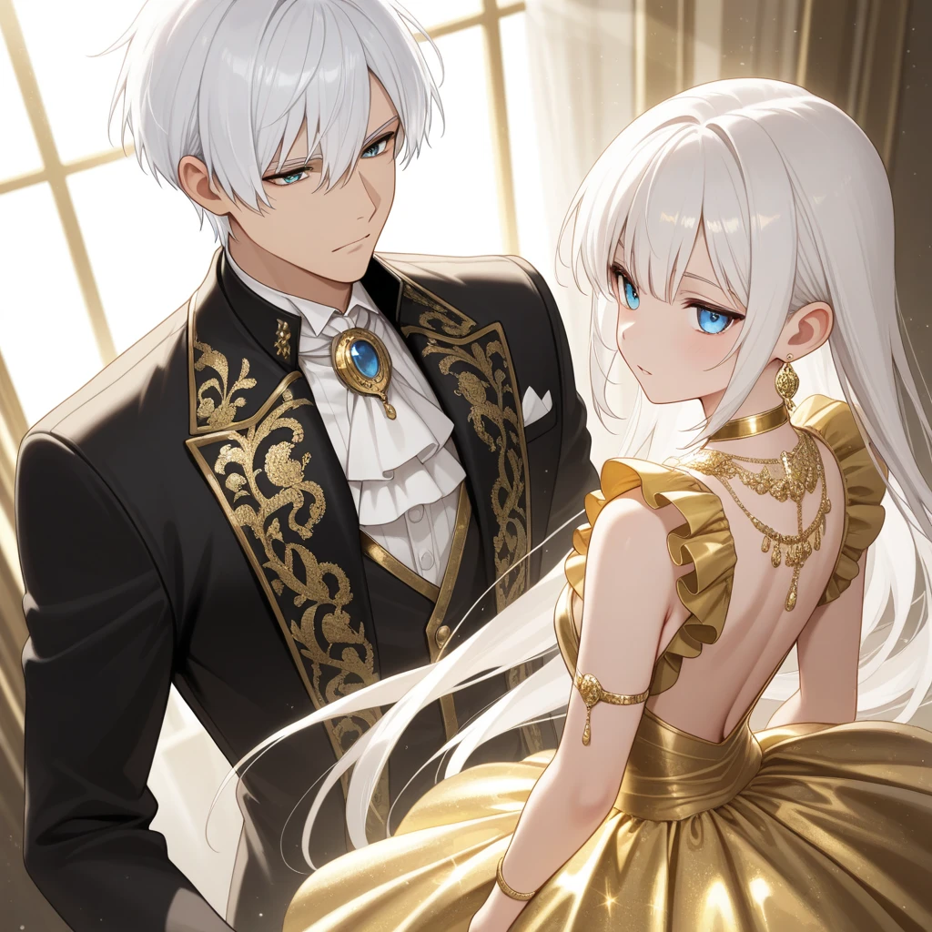 a young girl and a man, both with elegant clothing, white hair and yellow eyes, detailed portrait. Being in an elegant room.