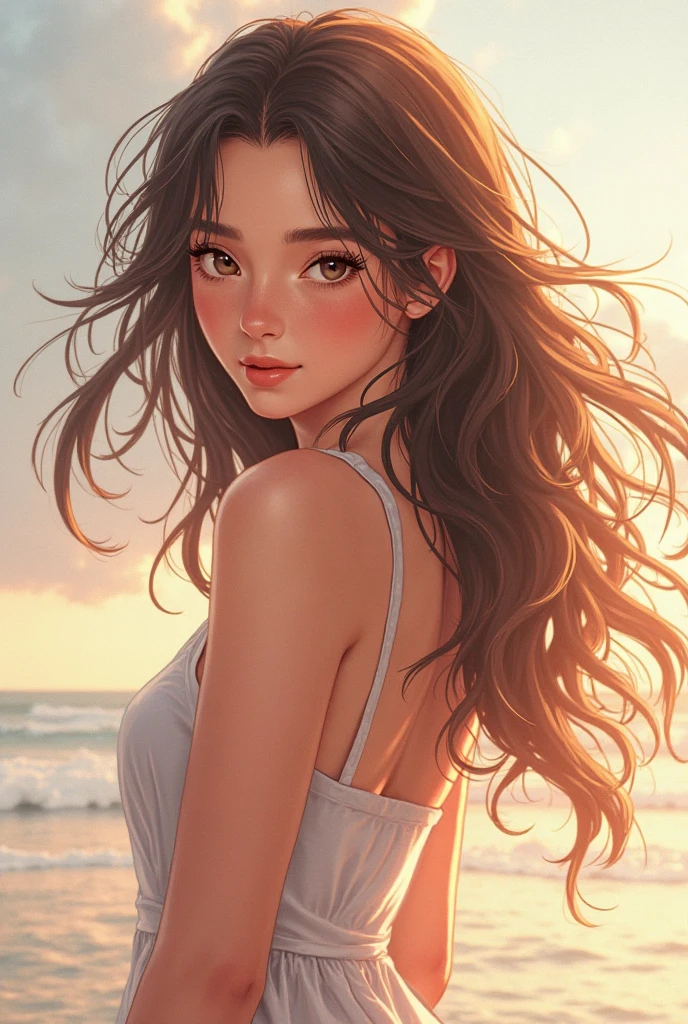 ((work of art)), (best qualityer), high resolution, (ultra detali), (8k), caustics, cinematic lighting, Perfect Anatomia, sharp focus, beautiful detailed eyes, Beautifully detailed lip, beautifully detailed hair, Super detailed skin BREAK Whimsical watercolor illustration style, soft pastel palette, Summer inspired color palette, Personagem interagindo com o ambiente BREAK arte oficial de A Beautiful Girl,Feeling the end of summer, (chestnut hair, hypdertailed), ((eyes large, hazel eyes)), (Make-up natural:1.2), casual adjustments, (small breast size), (苗条) BREAK full body 