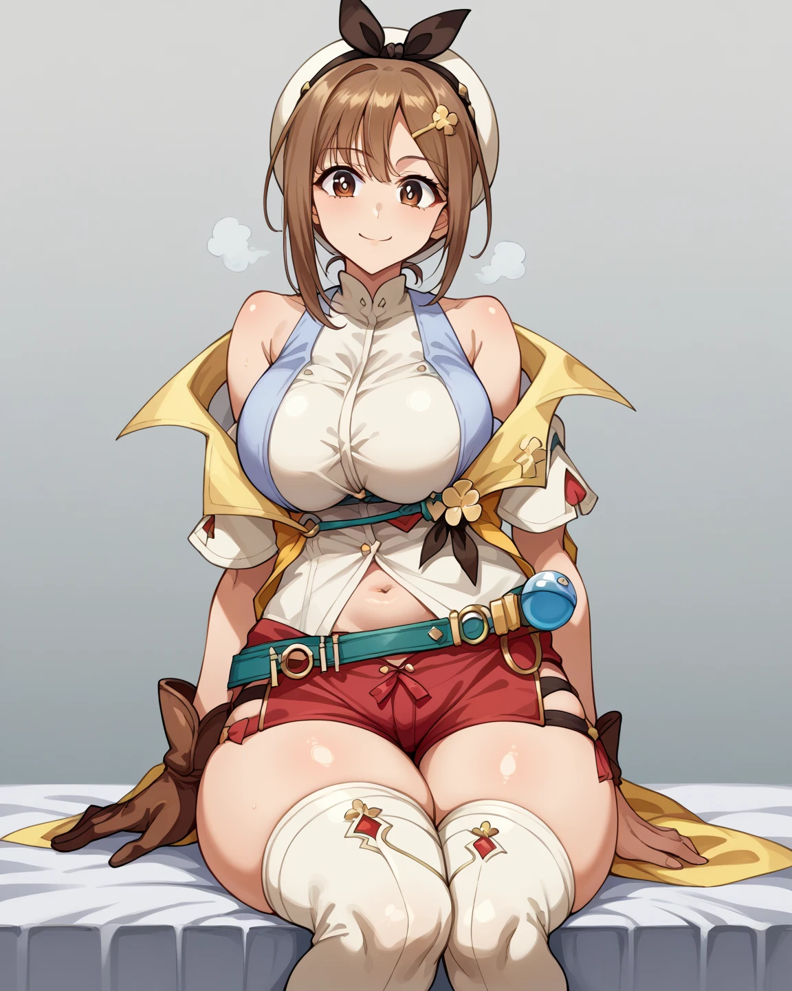 Ryza, 1 girl, ((1boy)), shorts, gloves, belt bag, have, head ribbon, jewelry, (red shorts), brown hair, thighs thighs thighs, short shorts, bridal leg wear, necklace, brown eyes, single glove, hair ornaments, Barrette, star necklace, shoes without toes, leather, star (symbol), white hat, Brown gloves,((paizuri)) Knee-high boots, short hair, thighs thighs thighs, leather Belt, brown belt, leather gloves, Jacket,transparent clothes、 blue belt, belly button, thigh boots, ノースリーブJacket, thigh pouch, white thighs, clavicle, 黄色のJacket, brown shoes, cleavage, huge breasts, ((alchemy)), ((emphasize the chest)), (((open your legs))), ((evil grin)), (evil smile), (((Pinching the penis in the chest)))、((Sit down))、((cum))、open your lips、 Grinning smile、perfect proportions、(((penis)))、((in her room))、((close up of chest))、(((Titty fuck))), (((paizuri))), ((1boy)), ((捕まえた男にTitty fuckします))、((penis front of breast)), (((eject cum))), ((cum on breasts)), 陰茎からsemenが出る, (penis stuck in chest、semen、