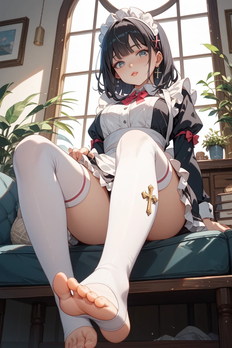 ((focus on the face)),NSFW, ((Cute symmetrical face)),8k, highest quality, photo realistic, Highly detailed 8k wallpaper,(biologically correct form),(masterpiece:1.2, highest quality), (realistic, photorealistic:1.4), beautiful illustrations, (natural side lighting, movie lighting), girl,Blue-silver hair, 25 years old, perfect face, perfect body, shiny skin, beautiful hair, beautiful face, beautiful eyes, 緻密でbeautiful eyes, beautiful body, beautiful breasts, beautiful arms、((slender and beautiful legs)), (small ass、thin thighs),blush,、 (High heels of the same color on the left and right、anklet), (upper grade、cute smile), (shirt、corset、pencil skirt)、good、Toe stockings、garter belt)、Detailed facial depiction、((correct limbs、number of fingers))、big, kind eyes、(The background is a sunflower field、outdoors)、Crouching figure、Bewitching