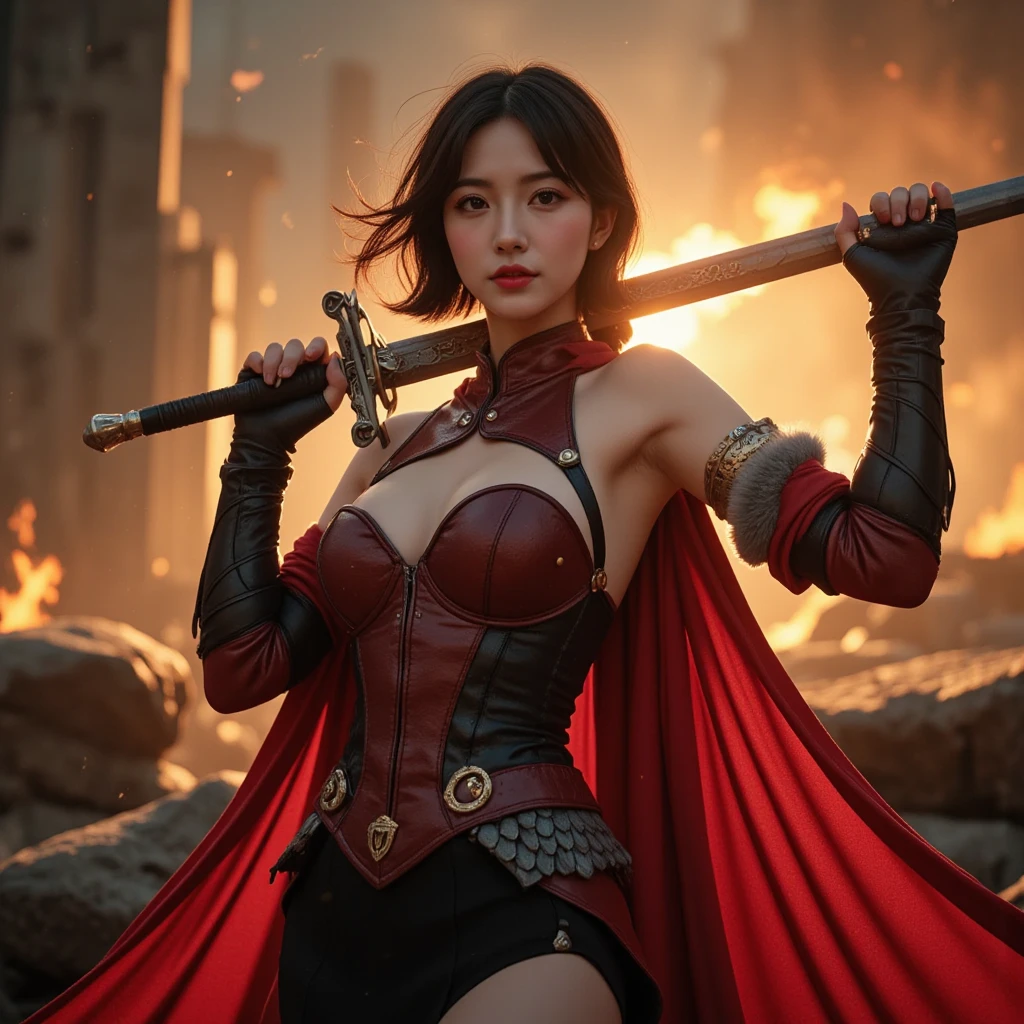 "Show Poppy in her Noxus skin from League of Legends by Riot Games, wearing a dark, no having clothes,red and black armor with Noxian insignias and her powerful hammer, have massive k-cups, in a foreboding, war-torn landscape with Noxian banners and ominous clouds."