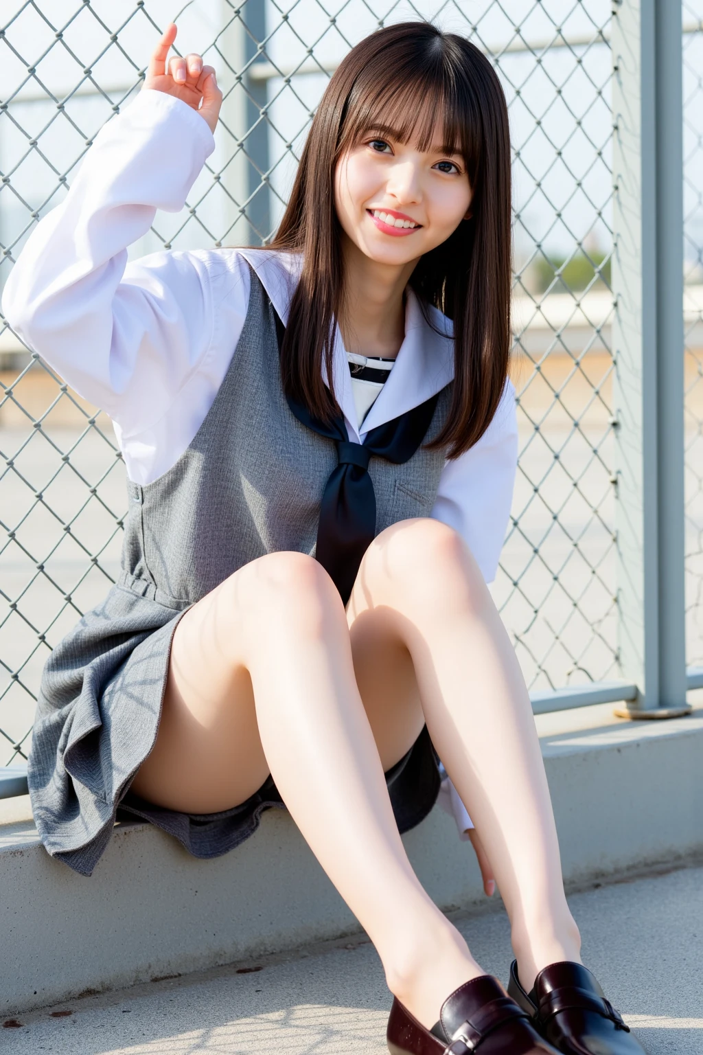 (A girl squatting and showing off her pussy)、(The girl has her legs spread wide:1.9)、Front low angle:1.5、(White blazer uniform、White and purple pleated skirt)、(Focus on the pussy)、(sharpen the pussy)、((Highest quality)), (Super detailed), (8k ),Raw color photography, Professional photography, Great face and eyes, Skinny、Model Style、Outdoor、Natural light:1.4、(Light hits pussy)、Blonde Hair、Mesh Color、Small breasts:1.3、Earrings、Hands on cheeks、Thin thighs、smile、