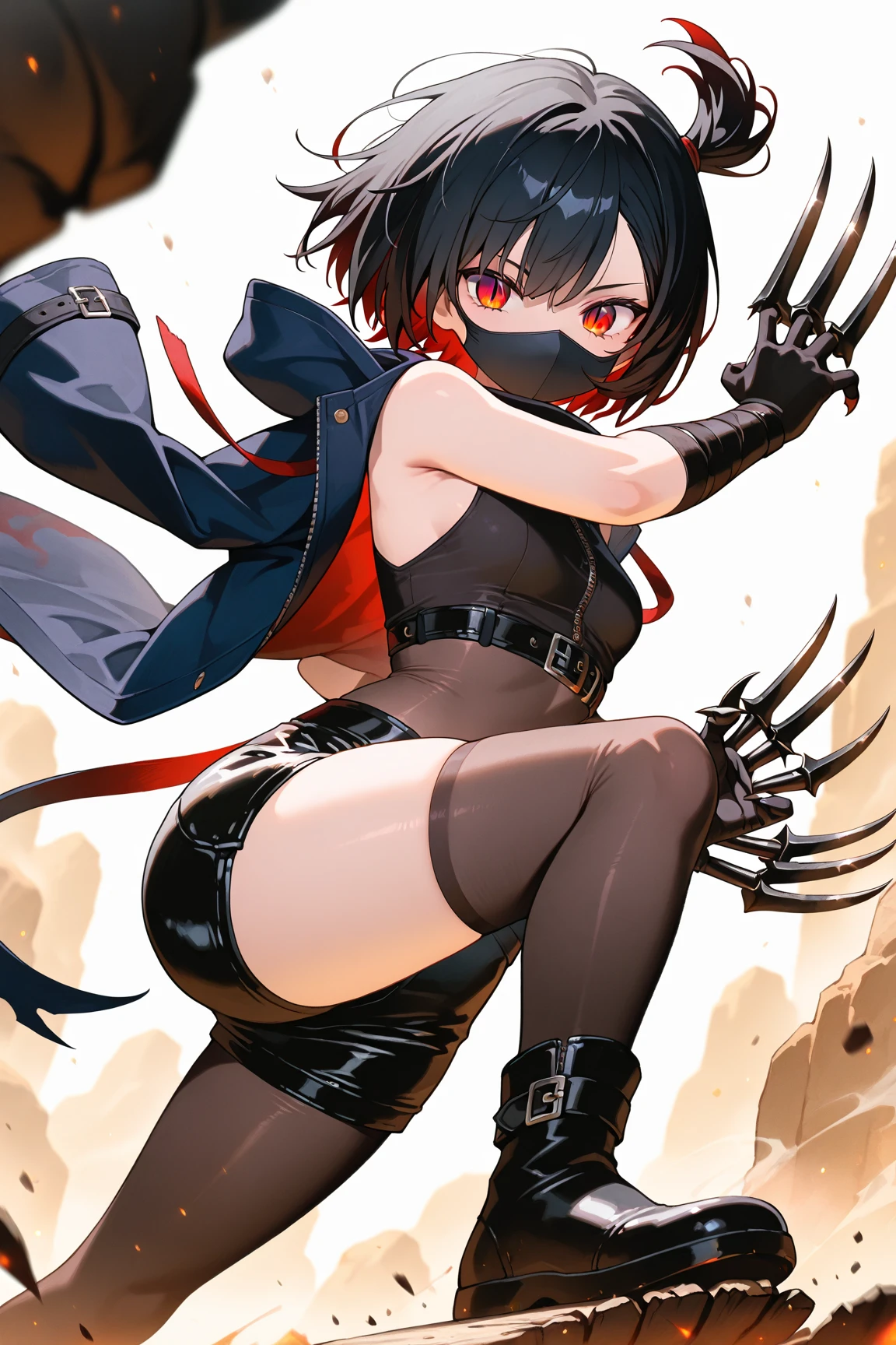 cat-boy, toned, sharp big wolf ears, wolf tail, big black messy hair, extremely vibrant red eyes, HD, masterpiece, vibrant, black converse shoes, slim dark black hoodie, full body view, neutral face, black thigh socks, combat boots.
