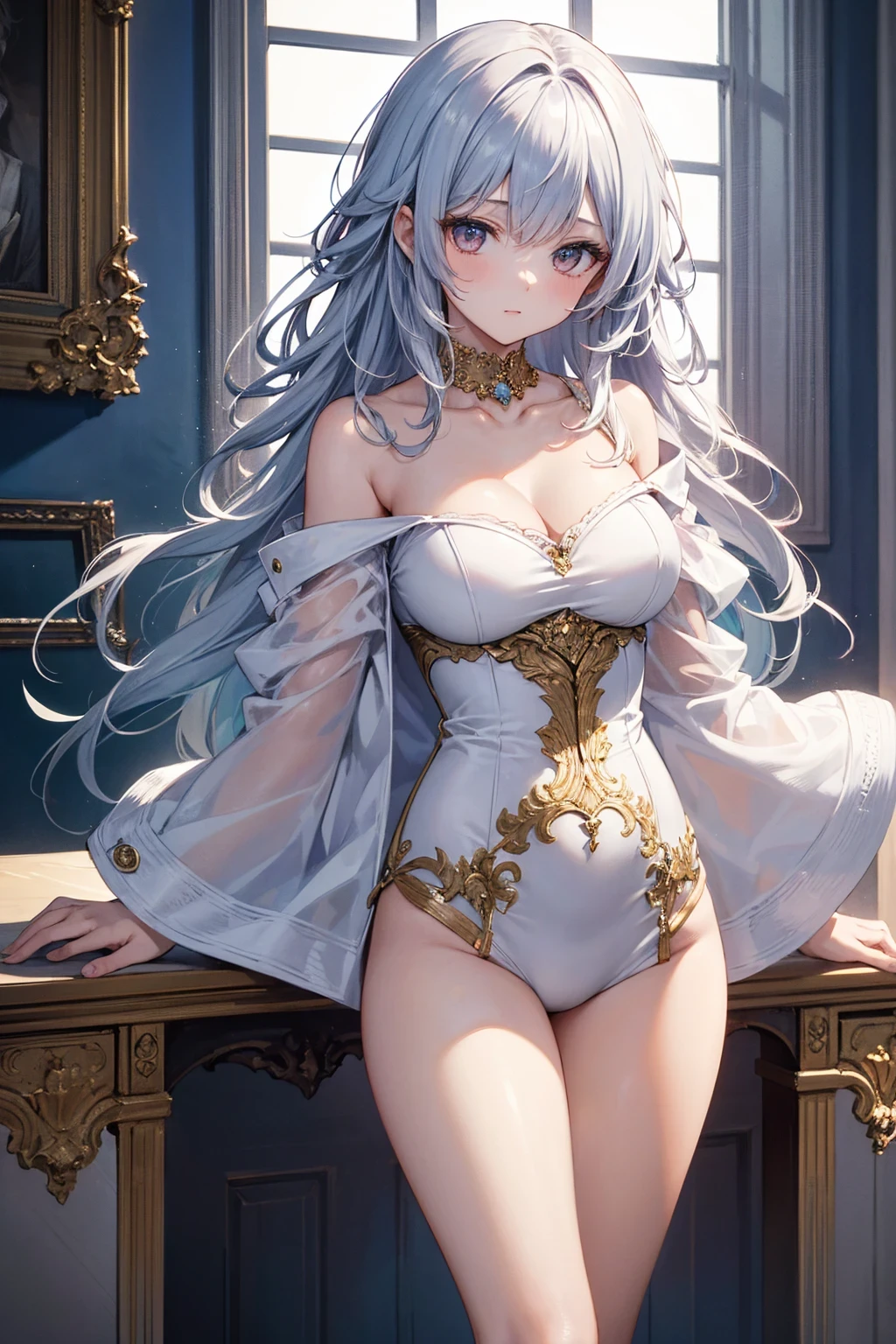 (best qualityer, work of art:1.2), ultra high resolution, realisitic, front lighting, intricate-detail, Exquisite details and textures, 1 girl, standing alone ,(Youngh), face highlight, fully body, face detailed, tear mole, offwhite skin, silver hair, hypdertailed, braided hair down to your feet, frontal demon horns, looking ahead at viewer, eyes large, silk robe, neckleace, breasts small redondos, BIG ASS, thick coxas, (hollow pattern, offwhite, silk), aretes, breasts small, Fine body, Luxury bedroom, professional lighting, photon mapping, radiosity, Physically based rendering,