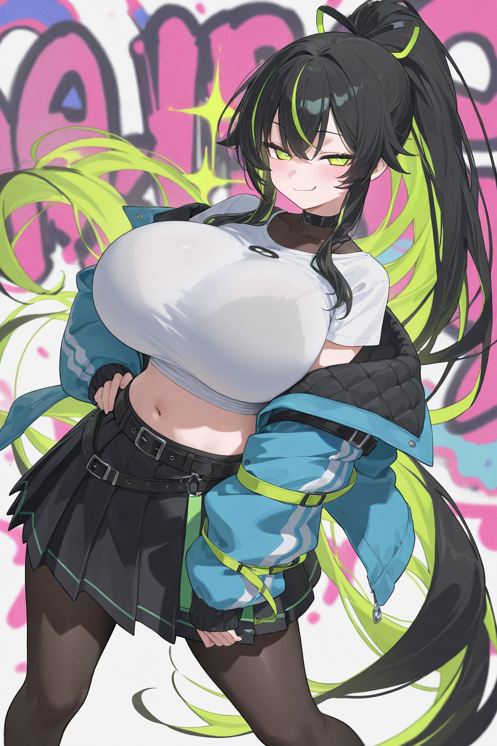 a porn anime style catgirl with long black hair and pink body, 1girl, solo, breasts, one eye closed, thighhighs, long hair, navel, arm up, armpits, smile, green eyes, underboob, animal ears, black shorts, crop top, very long hair, large breasts, detached sleeves, shorts, white background, looking at viewer, stomach, green hair, thighs, animal ear fluff, heart, shirt, hair ornament, simple background, black thighhighs, open mouth, long sleeves
