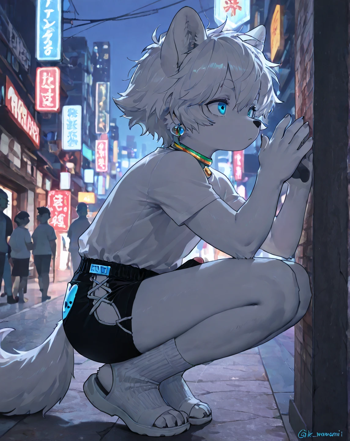 A picture of a femboy catboy wearing booty shorts, drawing of a cat with a grey leopard tail and black and white socks, cinematic goddess body shot, male with femenine body, furry anime, fursona!!!!, male fursona, fursuit!!!!, fursona, furry, furry art, cutesexyrobutts, very very beautiful furry art, kitsune, extremely detailed goddess shot, well - detailed outfit, extreme detail skin, shirtless, overlooking a city at night, gay, furry art, presenting butt, long fluffy tail, crotch bulge, horny, grey leopard skin, anime catboy, by :5 sexy: 7, white cat boy, holding a pudica pose, cute anime catboy, sfw version, male furry mini cute style