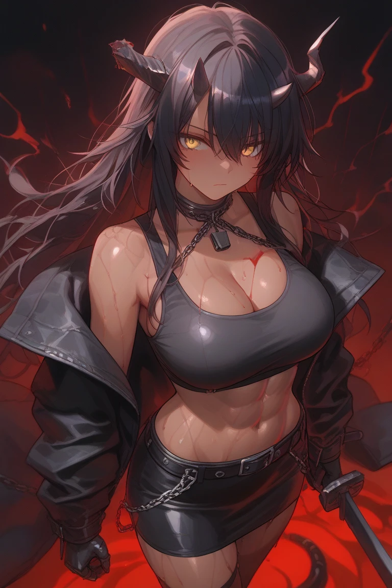giant muscles pale skin black hair yellow eyes angry sad sad sad girl massive breasts evil