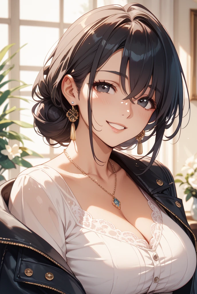 A 30-year-old lady, shot in the chest, black eyes, black hair, Warm background, grin