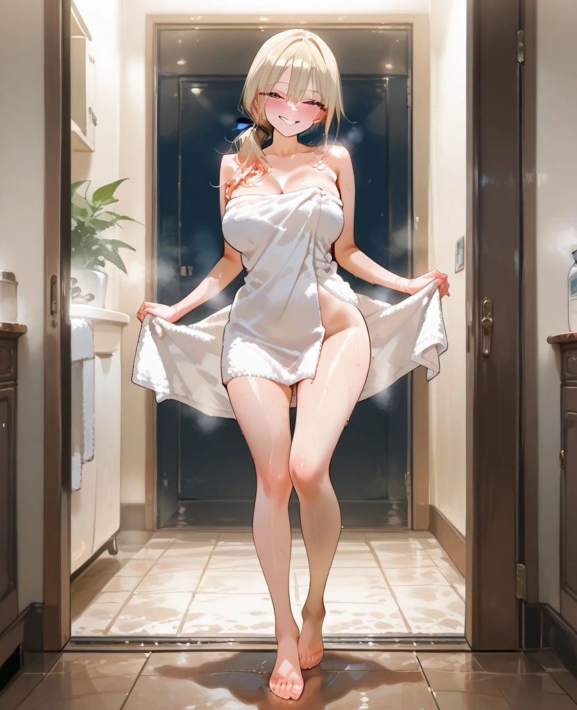 Anime style，best quailty，超高分辨率，tmasterpiece，1girl，Silver，Blue eyes，White dress(1:1)，No bra wearing，No underwear，White stockings，ssmile，Lift the hem of the skirt，Exposed shoulder --auto