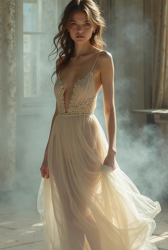 closeup shot, woman in a dress standing in front of a window, romanticism, in evening gown, flowing gown, wearing a flowing dress, mysterious woman, haunting beautiful young woman, wearing a white flowing dress, flowing dress, woman in dress, extremely moody red lighting,