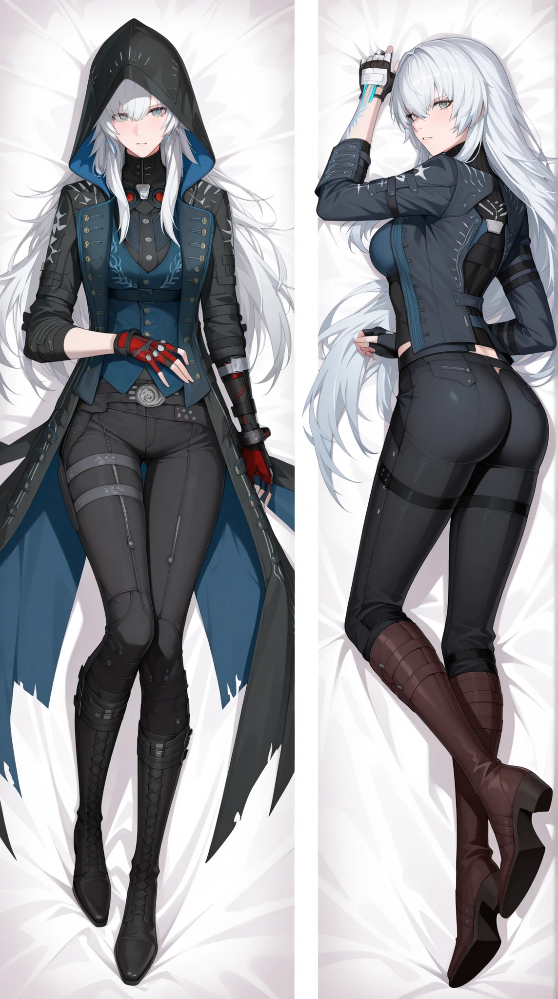 (pretty girl:1.3), 1 girl, (long hair, white hair with a red gradient, bangs, eye hair), lucia (punishing: gray raven), 
( Clothes: vergil Devil may cry 5, black raincoat with pale blue embroidery, yellow lining, tattered edges of the raincoat, black pants, dark turtleneck , dark blue vest , black fingerless gloves,  knee length leather boots ), 
(fully dressed), Highest quality, 
 rich contrast , 8K,  highly detailed , (depth of field:1.2), Very detailed, 
lies on the bed, full body, ass, dakimakura