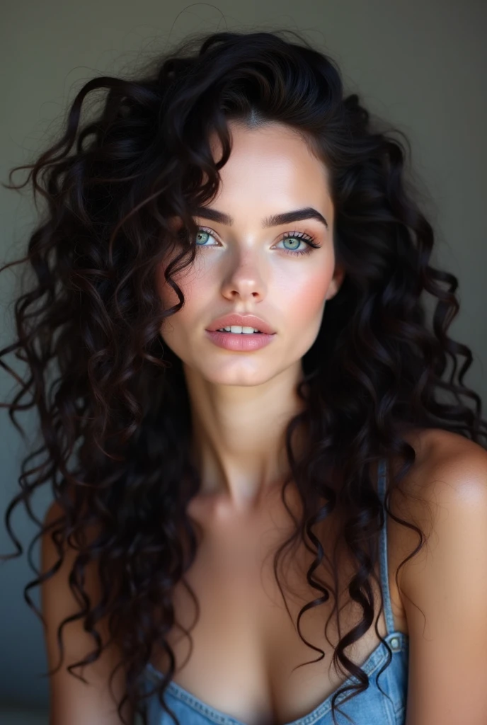 there is a woman, Lady Venus with long hair and a black top, big flowing hair, big hair, flowing massive hair, long brown puffy curly hair, long wild black curly hair, hair blackbangs hair, black long curly hair, long curly black hair, long fluffy hair, wavy black hair, vibrant dark wavy hair, her black hair is a long curly, black wavy hair