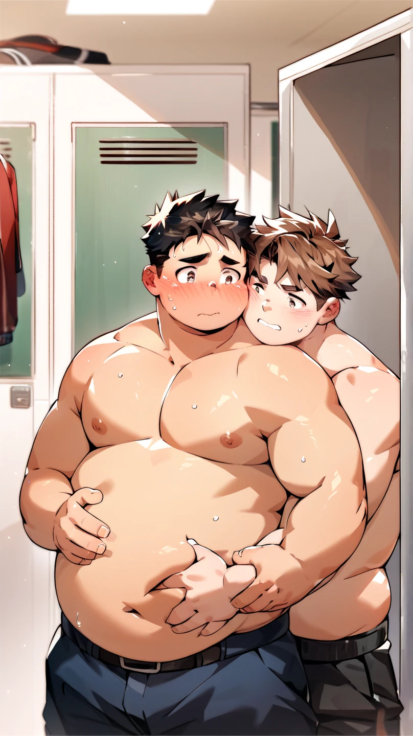 Masterpiece, Top Quality, Body size comparison of two age boys without clothes, Big muscular boy and skinny boy hugging, Two shirtless boys. Muscular boy and skinny boy with huge pectoral muscles, The big boy's pectoral muscles are bigger and heavier than the skinny boy so the big boy uses his huge body weight to push the skinny boy against the wall. Big boy putting his weight on skinny boy, Big boy crushing skinny boy with his pectoral muscles, Skinny boy being crushed by huge pectoral muscles, Muscular male, pectoral muscles, Big nippte, Male, Abs, Smiling, NSFW, Sexually su, Anime muscles, Bulging, Pectoral muscles, Bangs, Yaoi, Sweating, Blug, {{Detailed face}}, {{High quality}}, {{Detailed eyes}}, Gay couple, Shirtless, Hugging