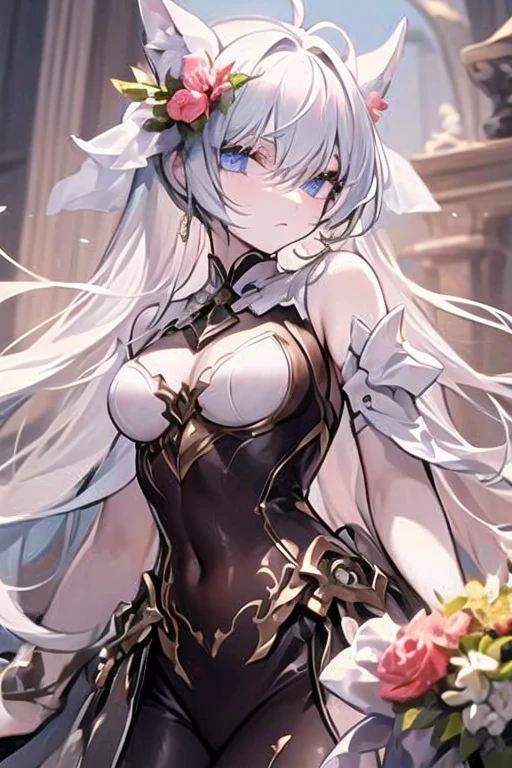 high quality, masterpiece, super detailed, 1 girl, extremely detailed faces,white lace bikini，white cloak，princess crown，Calm expression,White cloth gag，handcuffs，Collar，long black hair, charming pink eyes, fox ears,  castle，garden，waterside，