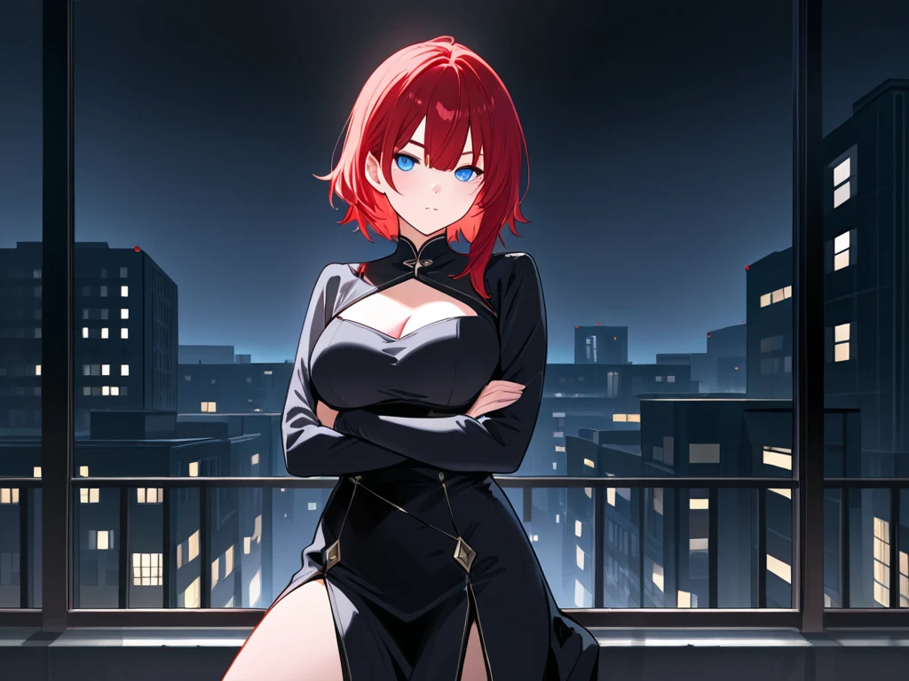 1girl, curvaceous, hip, upper body, watch viewer, cowboy shot,young, cleavage,necklace,big,open mouth, red hair, uniform, short cut, knee socks, brown, sister, arms crossed, smile, yellow eye, building, city, black clothes, thighs, night view, neon