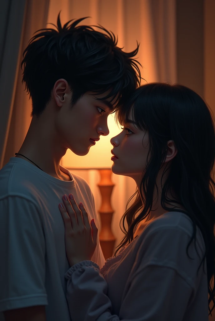 (At night, a man and a woman are not in the same room) exquisite facial features, but they all look out the window, it is raining outside the window, they see each other from each other's eyes, with longing in their eyes, full of love, 8K picture quality,