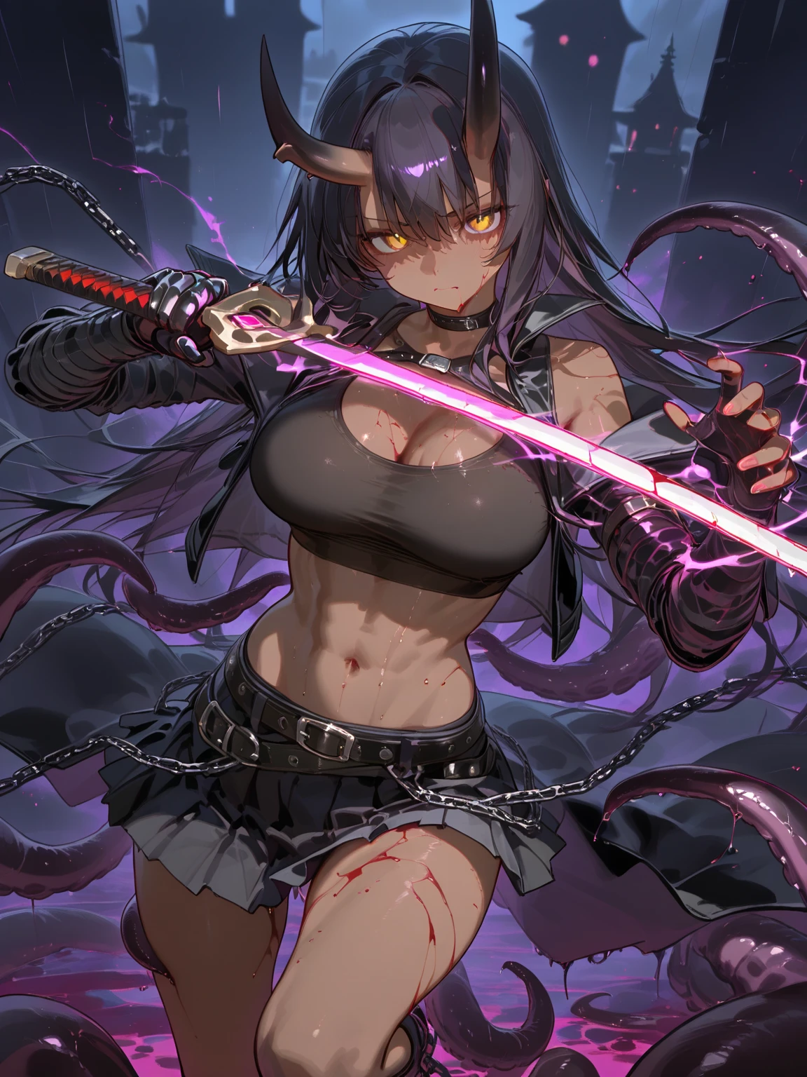 (best qualityer,4K,8k,high resolution,work of art:1.2),ultra detali,(realisitic,photorealisitic,photo-realisitic:1.37),beautiful young woman yandere tenetss,Eyes red,tenet,tenetss in torn dress,ripped to shreds,big bouncy breasts,pink lace bra,katana,wild chase,endless chase,Lush garden background,dark atmospher,dramatic lighting,thorny vines,fallen petals,fierce expression,Messy hair,desperate love,obsessive desire,fierce determination,captivating beauty,fast movements,lustrous katana blade,piercing look,Dramatic perspective,shadowy silhouette,Subtle Backlight,dangerous intrigue,passionate chaos,Exquisite details
