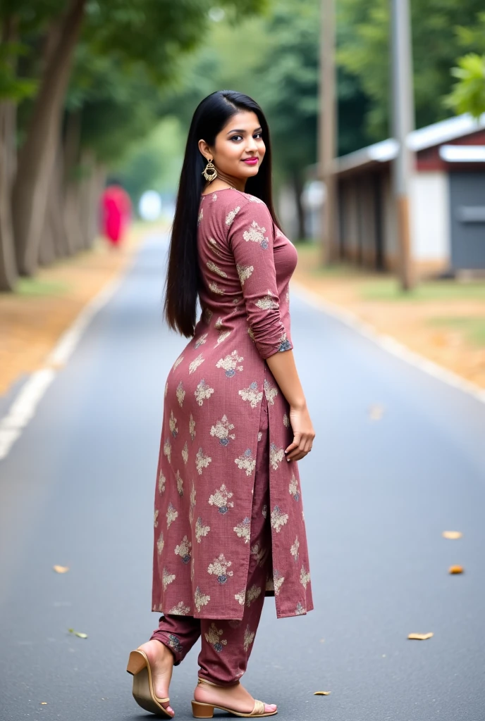 Malay girl wear small floral baju kurung malaysia in college, long golden brown hair, wavy hair, back view, detail skin, detail skin texture, mole below eyes, small breast, big hip, big waist, big round ass, big thigh, slim abs, beautiful body, nighttime, laughing, happy, bright lighting, college student in background, crowded college, blur background, bokeh,