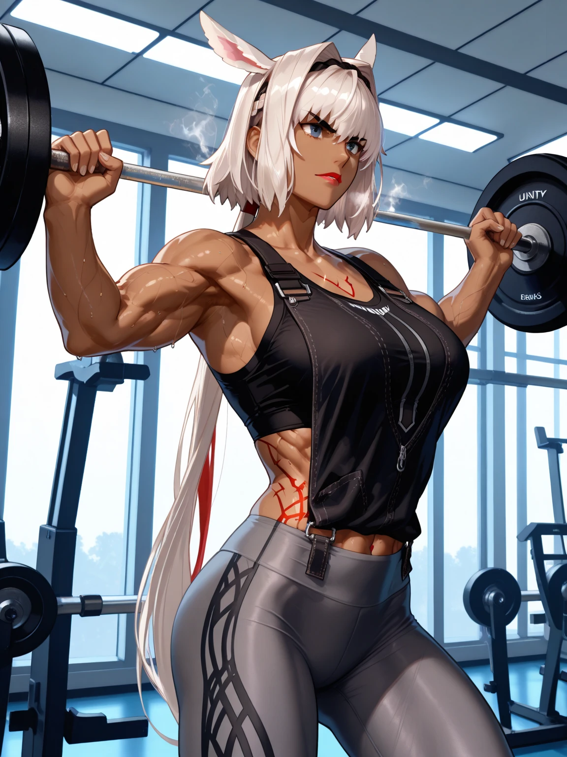 (best lighting) , (Extremely complex and detailed) , 4K unified, (Super detailed CG: 1.2) , (8k: 1.2),(The original), (masterpiece) , (best quality),(masterpiece:1.4),Anime-like high quality,(masterpiece),masterpiece, Super clear picture quality,clearer than,(delicate face)best quality, absurd,((Master of Peace, 4K, 8k, Yes, high resolution))1个girl, female student,She was in the garden,Ten strong abdominal muscles,stand up,exposed abdomen, Dense, raised veins on the arms,spring, boots, Perfect body, silver long hair, dynamic poses,legs exposed,Strong leg muscles ((bodybuilder:1.5)),spring Garden,(beautiful bass),(girl),(woman),(((Upper body:1)))Wearing a shiny black latex slider suit,Hide skin、Shiny Black Latex Slider Set、upper part of body,realistic girl girl Squatting with a barbell in the gym里, in the gym, beautiful anime girl Squatting, exercise, muscular!!, weightlifting, muscular!, in the gym里, The strongest pose, Squatting, bursting with muscles, pixiv 3dcg, muscular thighs, Tik, Badass anime 8k, muscular girl, Smooth anime CG art