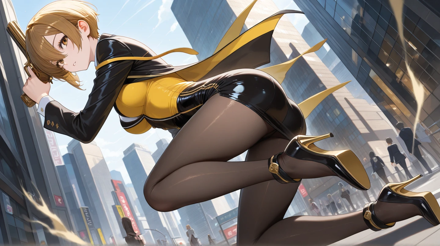 Dressed as a bee, bee bodysuit, na balad, party, blonde. long black vinyl boots