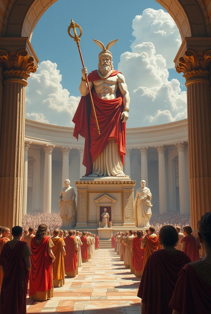 Statue of Zeus in Olympia. The statue is sitting on a throne, holding the 'Thunder Bolt' in one hand and a 'Spear' in the other. A statue of an 'Eagle' is placed, perching on one of Zeus's shoulders. The entire statue is polished like a mirror, reflecting The surroundings. So many Hellenic pagans are dressed in togas, worshipping the statue inside the temple of shining white marble. The pagans look very small compared to the statue of Zuse.