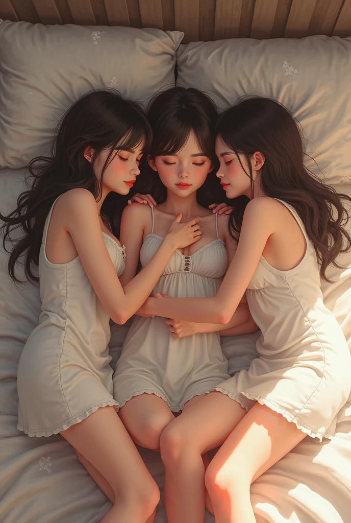 (Raw photo:1.2), (Photorealistic), Beautiful detailed girl, Very detailed eyes and face, Beautiful detailed eyes, Huge file size, High resolution, Very detailed, Best Quality, [masutepiece:1.6], Illustration, Very detailed, Fine detail, Best Quality, 8K Wallpaper, Movie Lighting, Three girls, japanes, 3 sisters, 14 years old, Young sister, Sleeping in bed, Shirt buttons open, The white bra is visible., The skirt is flipped up, White panties are visible, Sleeping, bedroom,On the bed, Closed eyes, School Uniforms, tiny chest