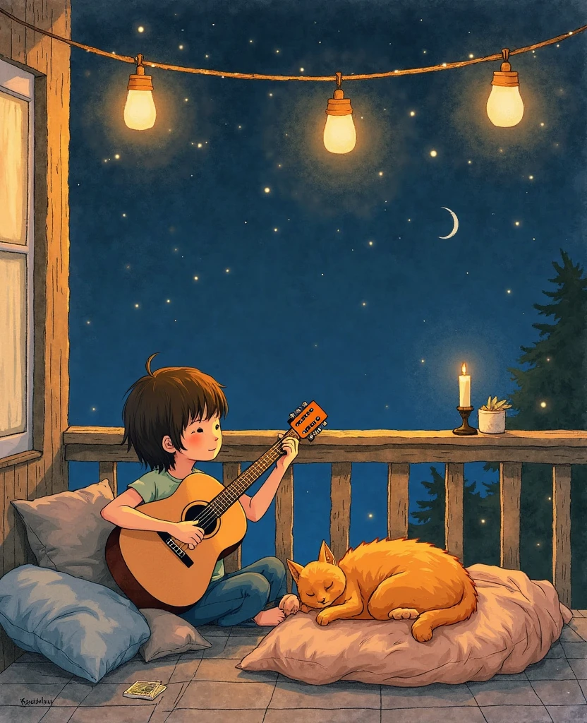 Picture drawn with crayon, A boy sits playing a guitar on the bed with a small black cat lying next to him 、anime Ghibli style、My Neighbor Totoro Scenery