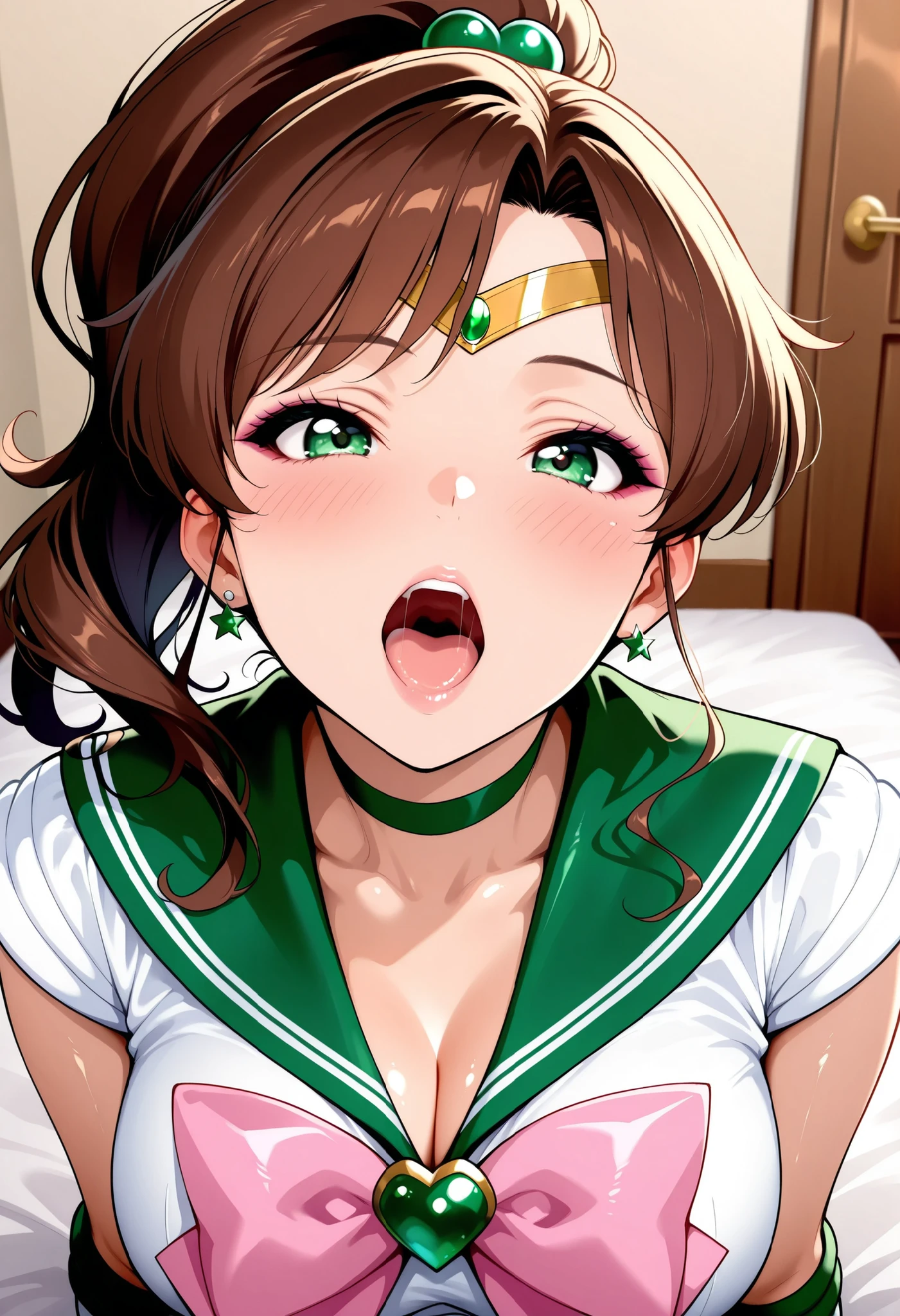 masterpiece, Highest quality, High resolution, Sailor Jupiter、1990s \(style\),、()、tall、Sweating all over the body、vapor、One man and one woman、(Blowjob)、綺麗easts、Muscular、se writhing in plere、The whole body is covered in sex fluids、Sweaty、Compositiorom the front、Looking up、Open your mouth and stick out your tongue、 on face、Composition from the left、Big penis、Brown Hair、ponytail、