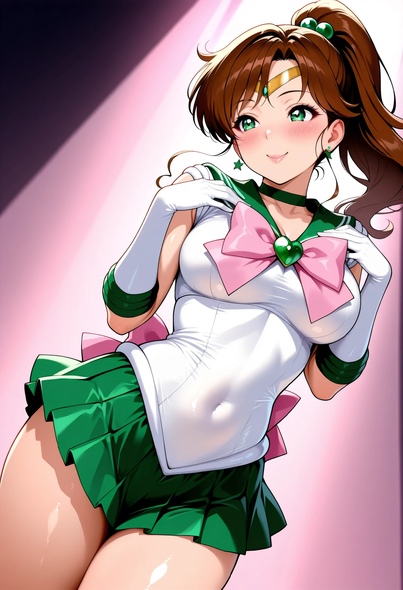 masterpiece, best quality, highres, sailor jupiter, green eyes, ponytail, tiara, jewelry, sailor senshi uniform, green sailor collar, choker, elbow gloves, white gloves, pink bow, brooch, green skirt, cowboy shot, smile, huge breasts, massive ass, thick tighs, sexy pose,