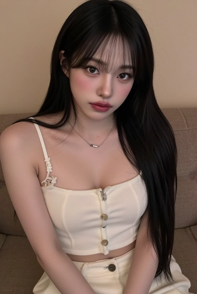 Kim jennie con el cabello negro oscuro, con rulos en las puntas del cabello negro oscuro, con un ganchito de estrella en el cabello negro oscuro, ojos de color claro, ojos bonitos, ojos llorosos, nariz bonita y respingada, labios bonitos, labios rosas, heart and cupid shaped lip, piel bonita, pale, piel blanca, con lunares y pecas en todo el rostro, rubor rosa suave en las mejilla, rubor rosa natural, maquillaje suave y rosa, jennie, cuellos bonito, cuello marcado, frown, mirada enojada, con un collar de beso, un collar bonito de beso, mientras tiene un traje de Yumeko Jabami, cospaly de Yumeko Jabami, mientras tiene una camisa blanca, con tiene un traje de color rojo encima de su camisa blanca, apretado a su cuerpo, con una falta negra corta mientras tiene el abdomen desnudo, delgado, marcado y bonito, (pechos grandes, pechos suaves, pechos bonitos, pechos naturales), mientras esta haciendo cospaly del personaje Yumeko Jabami, del anime Kakegurui, mirando a la camara, autofoto, selfie bonita