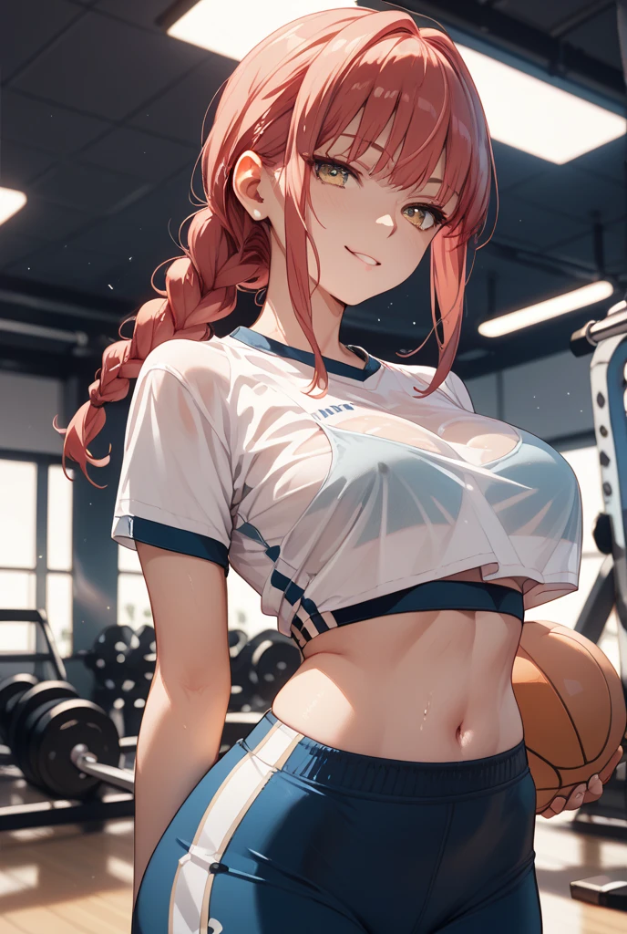highest quality、All limbs、full finger、1 girl、((one beautiful woman、solo))、beautiful big chest hair、ponytail、pink hair、(black sports bra)、(black spats)、Exposing the belly、abs、((sports gym))、naughty pose、big smile、medicine ball、sweating