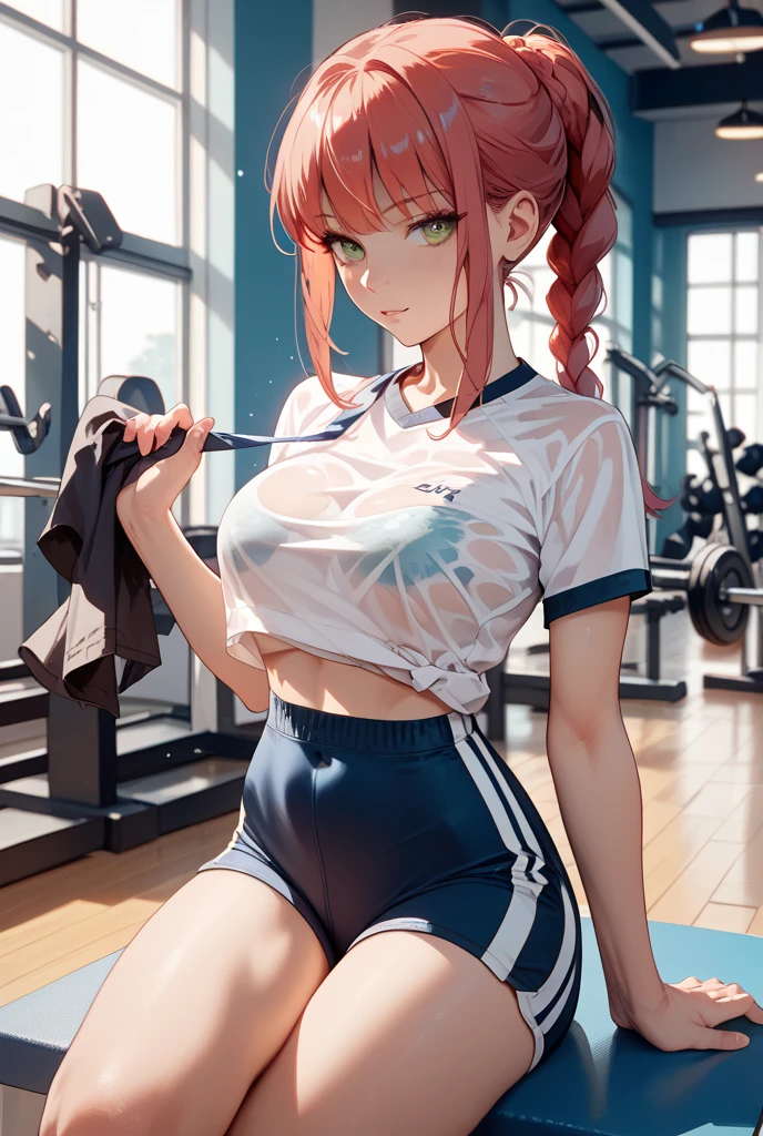 (Highest quality:1.2, Very detailed, Latest, Vibrant, 超High resolution, High Contrast, masterpiece:1.2, Highest quality, Best aesthetics), (((1 girl))), Carefully painted flooring and yoga mats, Training Room Background, (Cropped tops:1.2, The underboob is visible), Professionalism, Bright colors, Soft lighting, Expressive eyes, Detailed lips, Long eyelashes, Pleasant atmosphere, Foster a sense of inferiority, Obscene eyes, ???? smile, Open your mouth, blush, ((Training wear, hot pants, Lying on a yoga mat:1.2)), Positive Energy, Calm background, A being to nurture, High resolution, correct perspective, (Soft focus throughout).