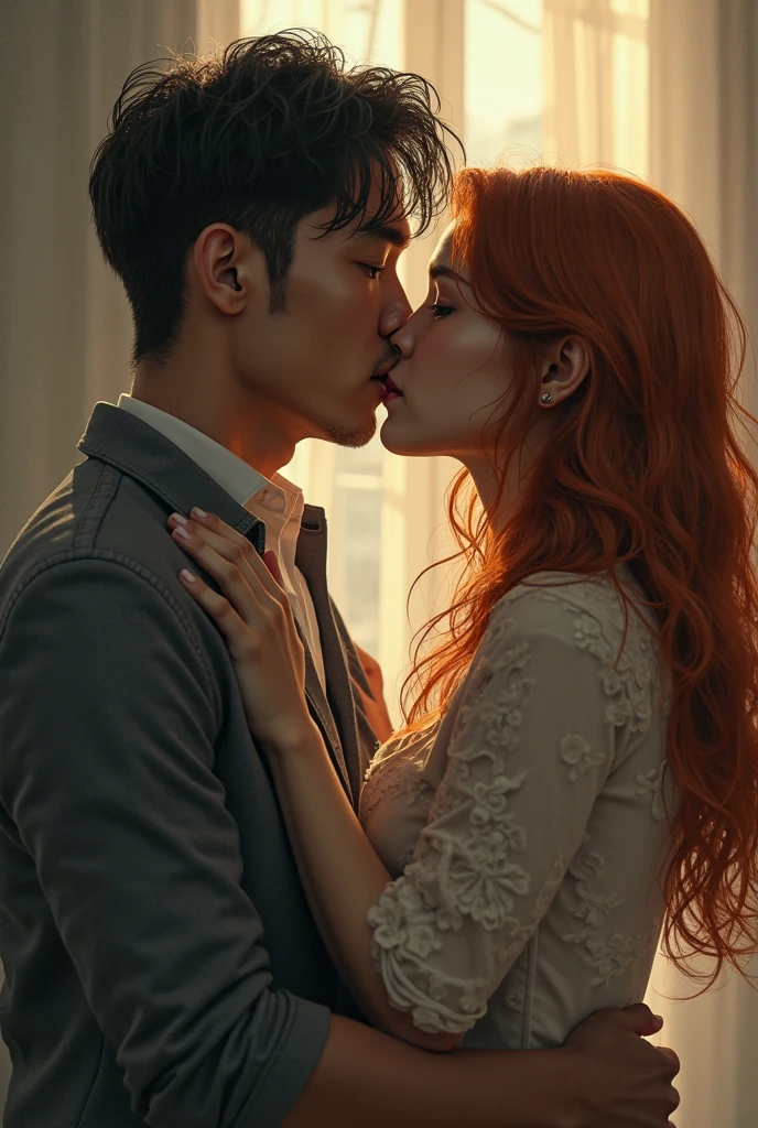 create an image inside a truck cabin, a muscular korean man is driving, the passenger is a red-haired woman with long, wavy hair, blue eyes wearing a boho dress and country boots. The two are looking at each other