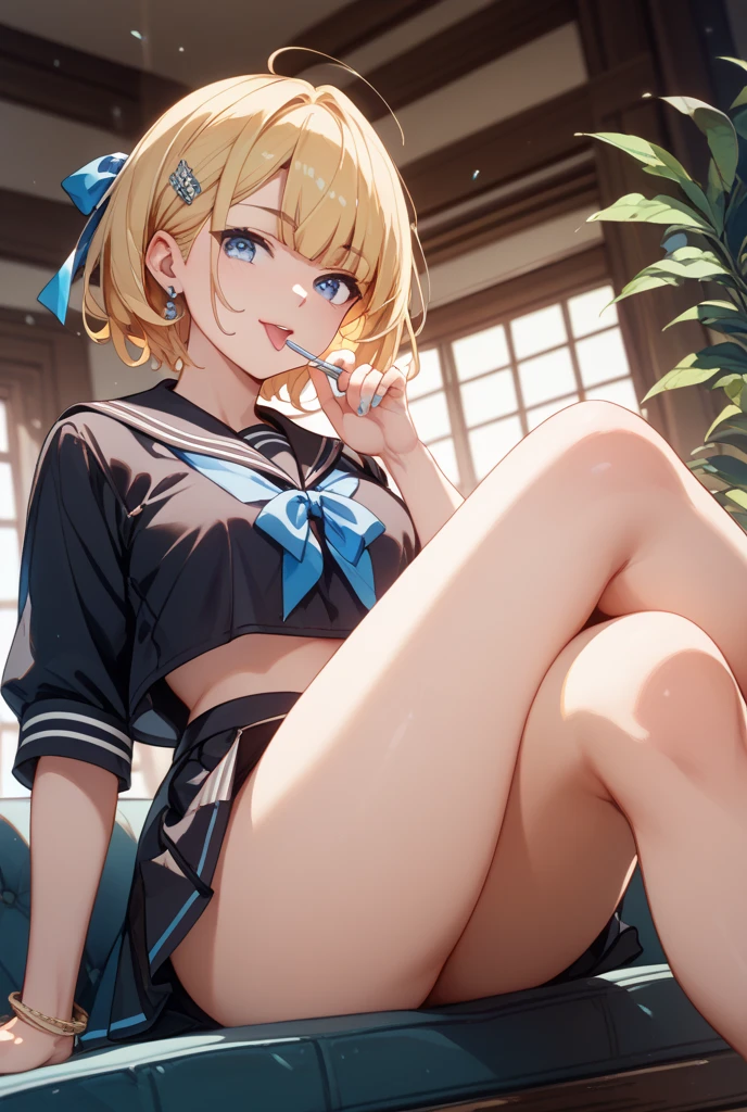 (((One girl))), ((Highest quality)), ((masterpiece)), ((Super detailed)), (figure), (Detailed light), (Very delicate and beautiful), (Beautiful attention to detail), (sunlight), ((Very light)),  ((Very clothes)), (((Hyper Detail))),(((((Front lighting))))),(((((Front light))))),

((((A very cute sailor suit with a pleated skirt)))),
,

Short wavy mannish bob, ((((Yellow gold hair)))), (((short hair))),
(((Ruby Red Eyes))), 

((((whole body)))), Ages 5 to 8, ((((())))), ((((So adorable若い女の子)))),
(((Condescending look))), (A mischievous smile accompanied by sexual satisfaction),  (((So adorable))), (((Very slim shape))), 
(((Very beautiful and detailed face))),

(((Sit with your legs up))), (((((Dutch Angle))))),(((Mint Striped Panties))), 

(((()))),
(((Extremely thin thighs))), (((White socks)))