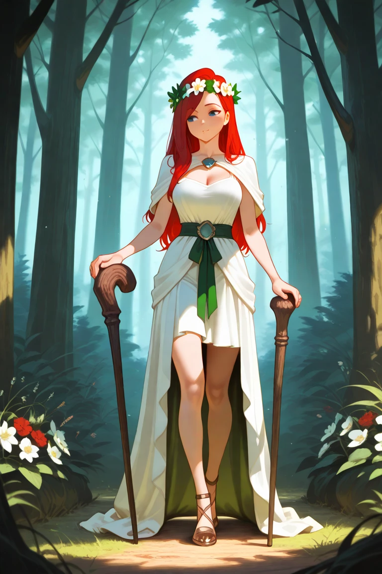 High definition, (melhor detalhe) (melhor qualidade), mulher ruiva posando para foto com longos cabelos ruivos e vestido verde, maduro e lindo, Luz e sombra naturais A beautiful red-haired druid woman, she wears poison eve-style tree leaves, her hands are large bear claws, her eyes glow radioactive green. Drawing style is the same as vox Machina - white background - she holds a medieval style sign "Lihad the bear claw" Her pose demonstrates attitude and wit, with a divine body she is beautiful and fluid.