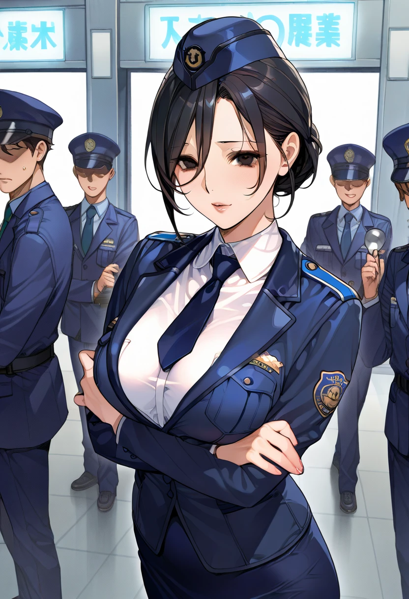  Female Boss,Years on,Black Hair,Droopy eyes,Large Breasts,Cleavage,Jacket, White shirt, belt, uniform, Blue Skirt,  army, formal, blue Jacket,Pencil Skirt,Fishnet tights,Purple intricate lace and lingerie