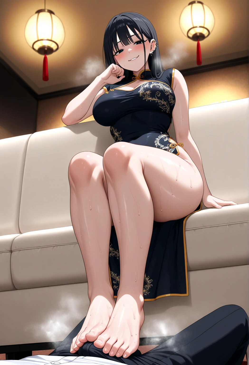 Mujer con un vestido negro y zapatos plateados en cuclillas sobre un piso de baldosas blancas, Artgerm extremadamente detallado, Hermosa chica de anime en cuclillas, seductora chica de anime, seductor retrato de Tifa Lockhart, Gama Murata y Artgerm, Hermosa y seductora mujer de anime, Tifa Lockhart, Diosa japonesa, Artgerm. Anime illustration, Nico Robin
