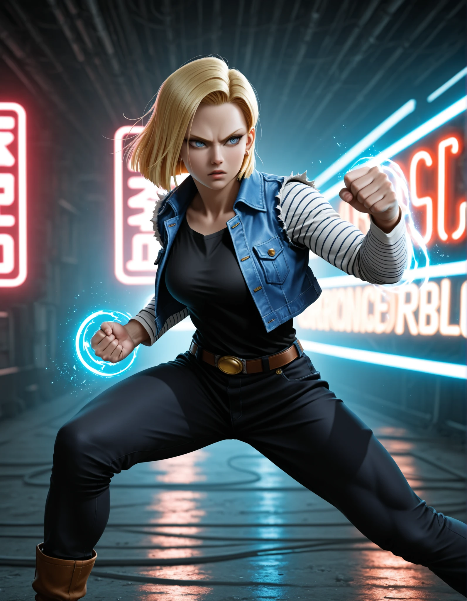 1girl, android 18, action pose, fighting scene pose, detailed facial features, determined expression, ready to attack, muscular build, android appearance, metallic body parts, high-tech machinery, futuristic setting, neon lights, digital energy effects, dynamic motion blur, cinematic lighting, cinemagraph, 8K, high resolution, photorealistic, professional, vivid colors, HDR, physically-based rendering